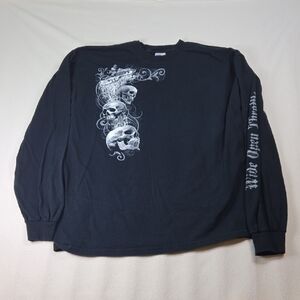 Wide Open Throttle Black Long Sleeve Tee with Skull Design, Snomobile, Skidoo